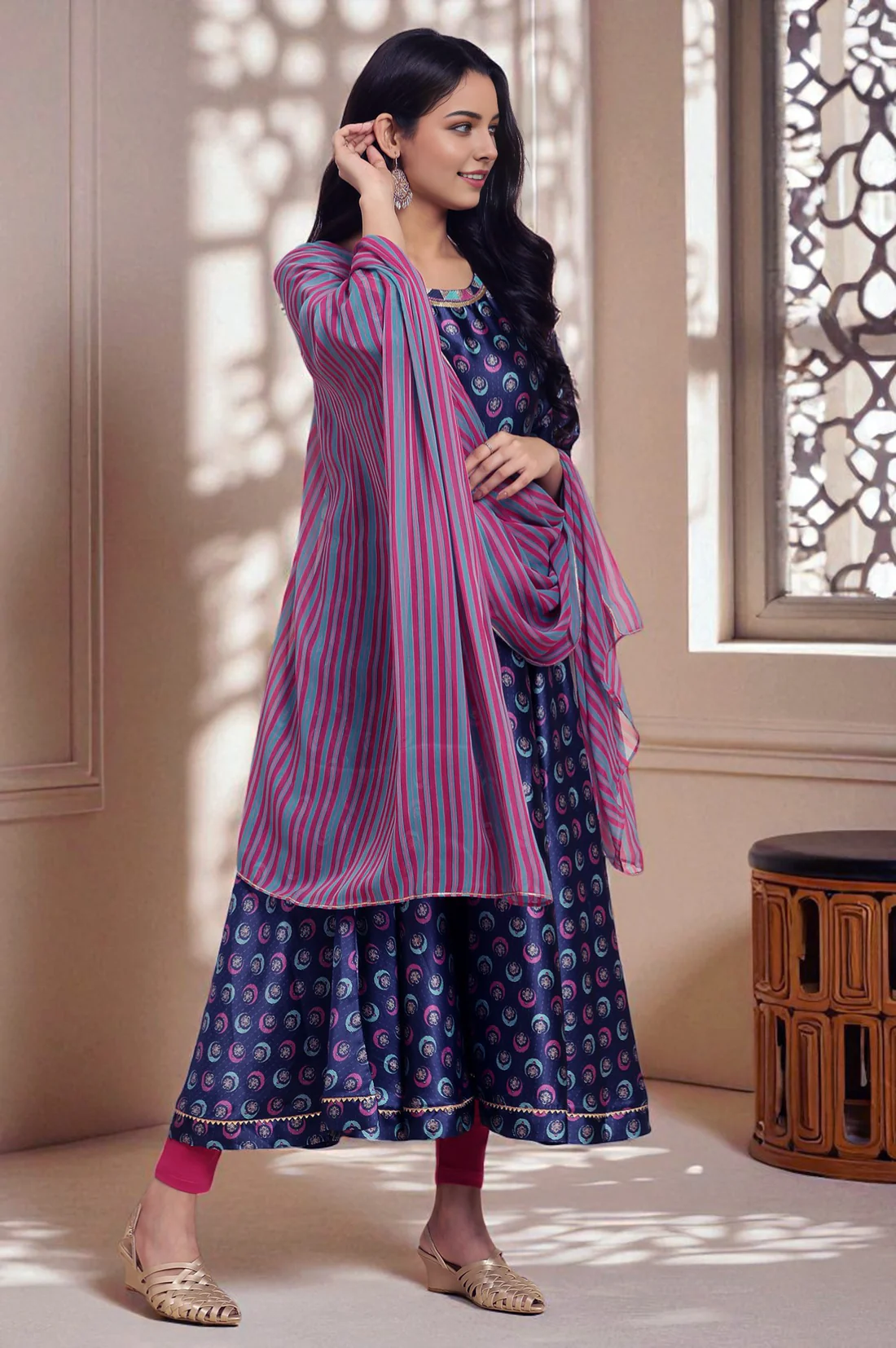 Navy Blue Floral Printed Satin Anarkali Kurta